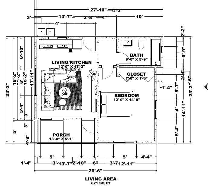 One-bedroom home floor plan showing the living and kitchen area, bedroom, bathroom and porch