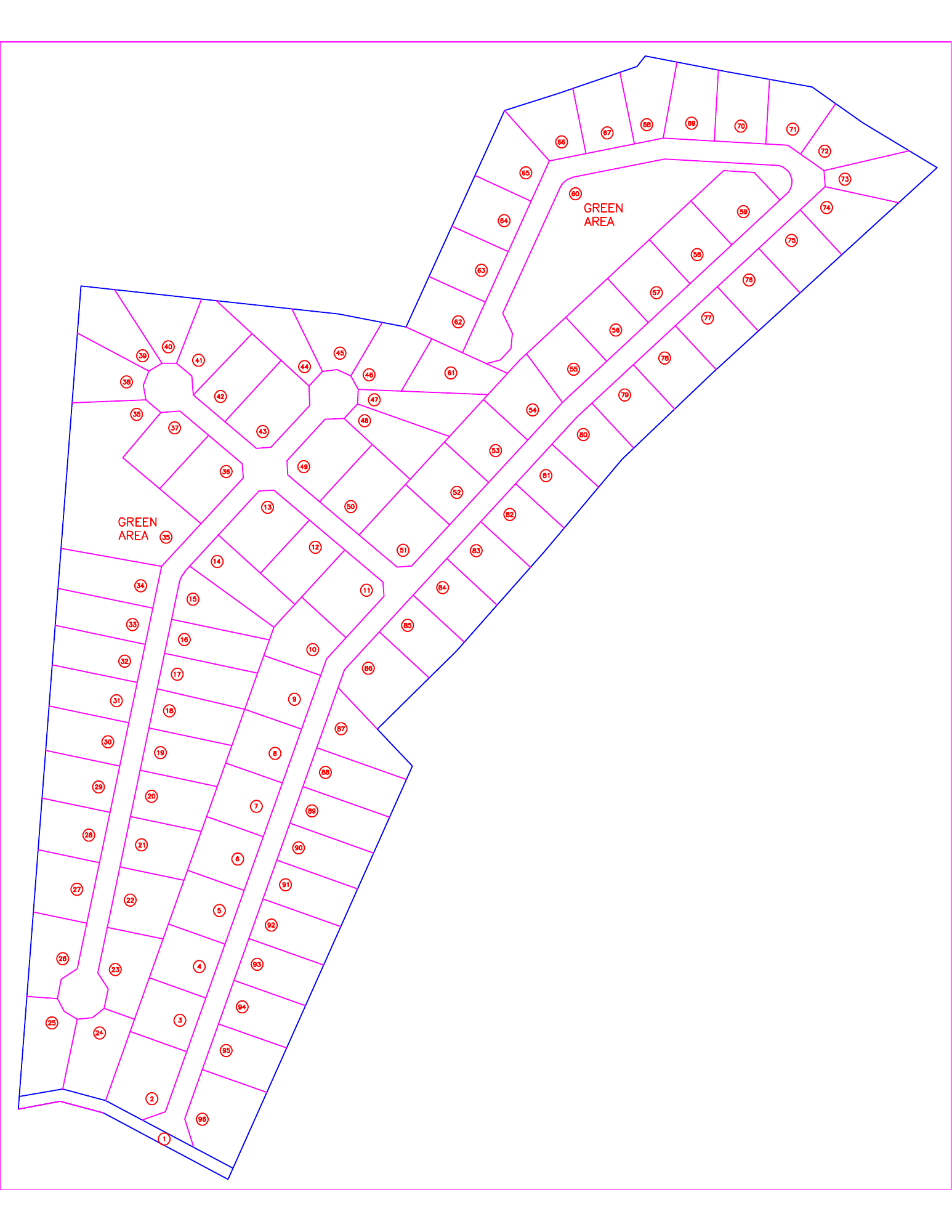 Draft Clontorf Darliston subdivision layout with numbered plots, internal routes and two green areas