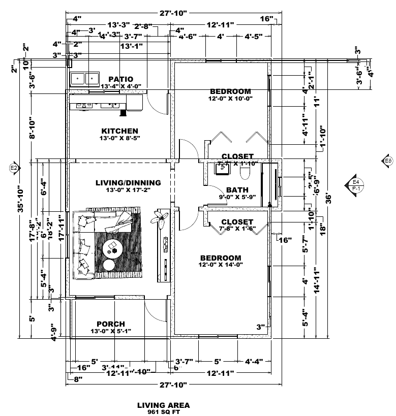 Two-bedroom home floor plan showing the living and dining area, kitchen, bedrooms, bathroom, patio and porch